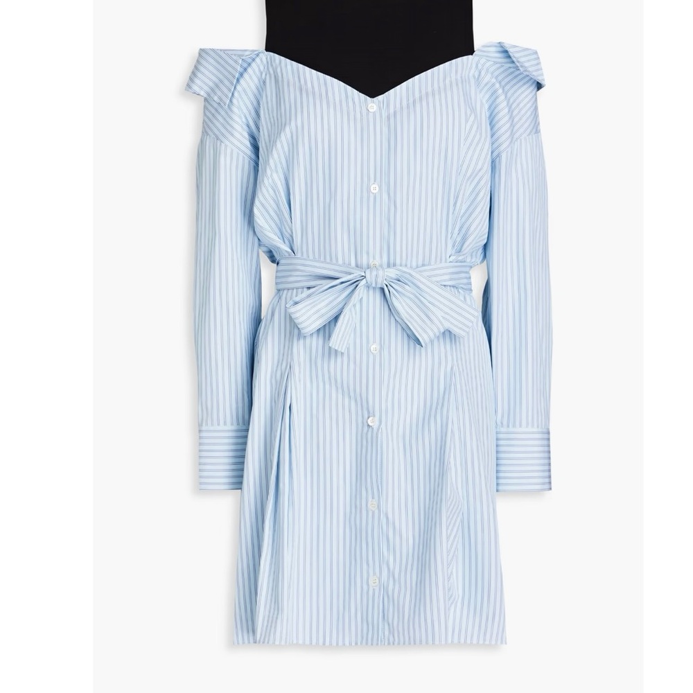 Maje Blue and White Ruffled Tie Front Dress